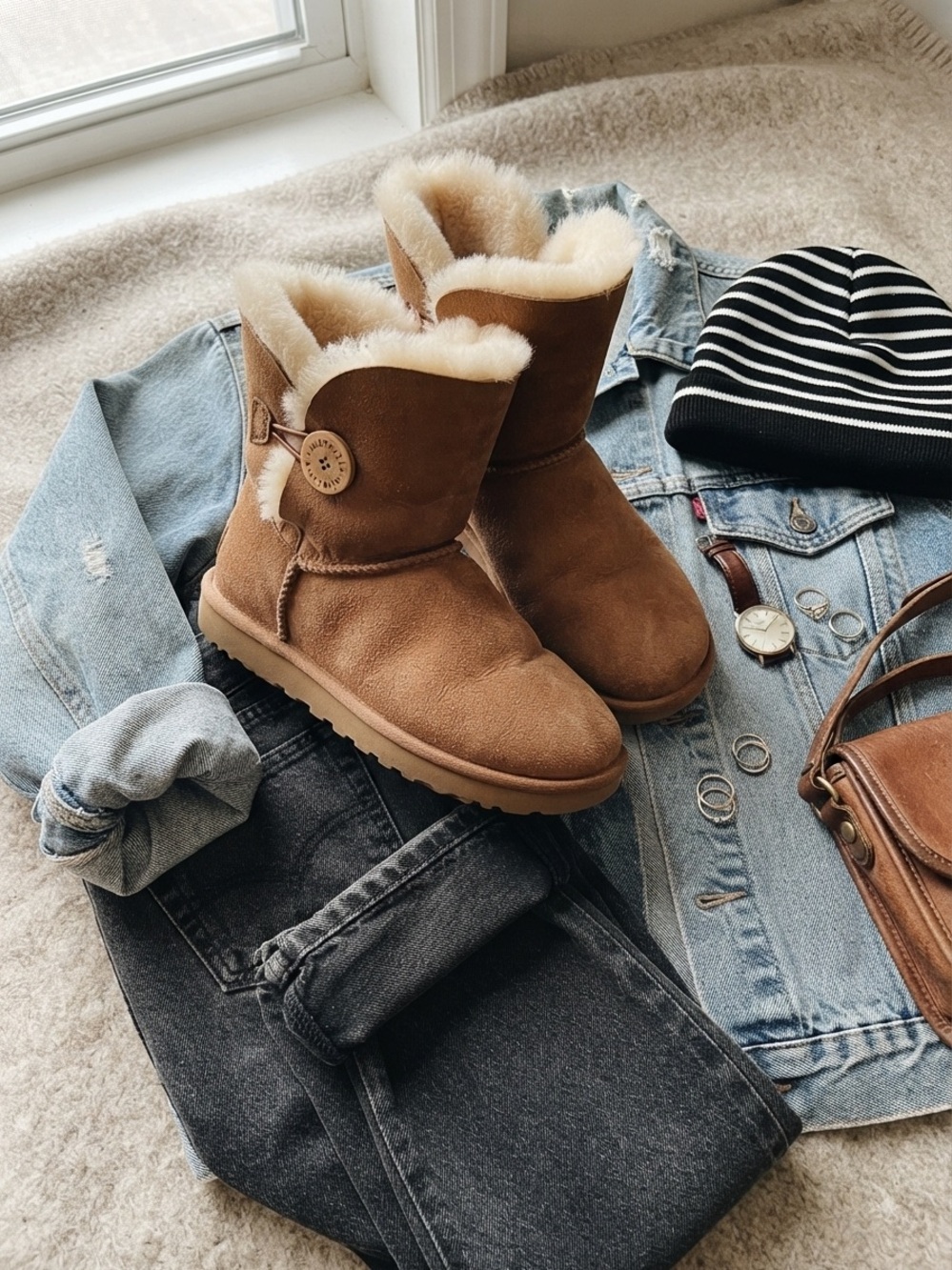 UGG Australia Chestnut Bailey Button Suede Booties with Plush Shearling Sz 8